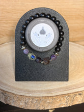 Load image into Gallery viewer, Matte obsidian bead bracelet with amethyst and smokey quartz pyramid