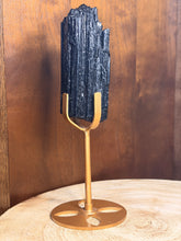 Load image into Gallery viewer, Raw black tourmaline on gold display stand
