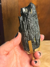 Load image into Gallery viewer, Raw black tourmaline on gold display stand