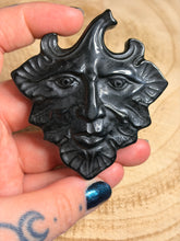 Load image into Gallery viewer, Green man face crystal carving with stand