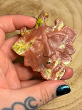 Load image into Gallery viewer, Green man face crystal carving with stand