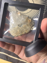 Load image into Gallery viewer, Clear quartz cluster with pyrite peacock ore specimen in black floating frame