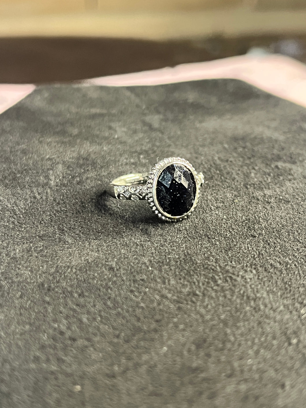 Blue goldstone faceted oval ring