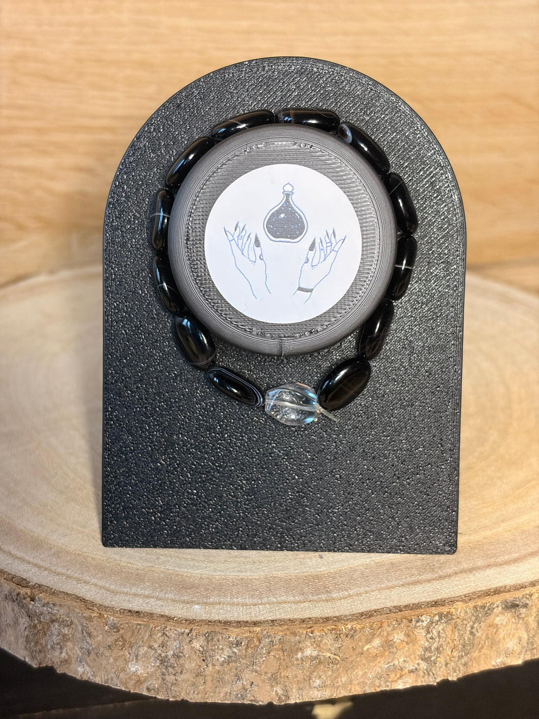 Black lace agate with clear quartz bead bracelet