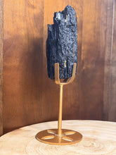Load image into Gallery viewer, Raw black tourmaline on gold display stand
