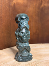 Load image into Gallery viewer, Speak, hear, see no evil Green Banded Agate skull stack tower
