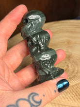 Load image into Gallery viewer, Speak, hear, see no evil Green Banded Agate skull stack tower
