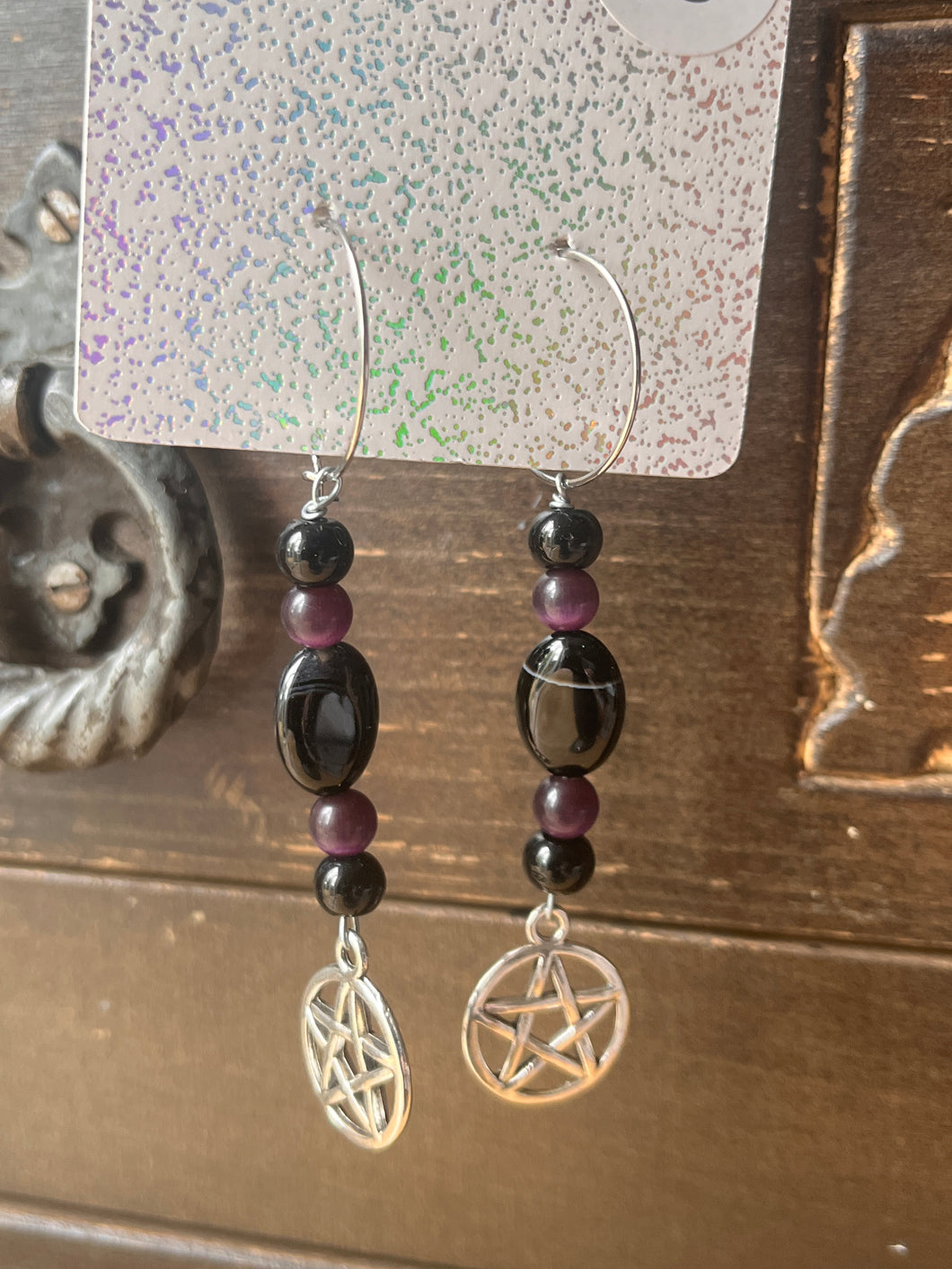 Black lace agate pentagram earrings