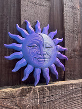 Load image into Gallery viewer, Chameleon colour shifting blue and purple 3D printed celestial sun and moon face hand painted details

