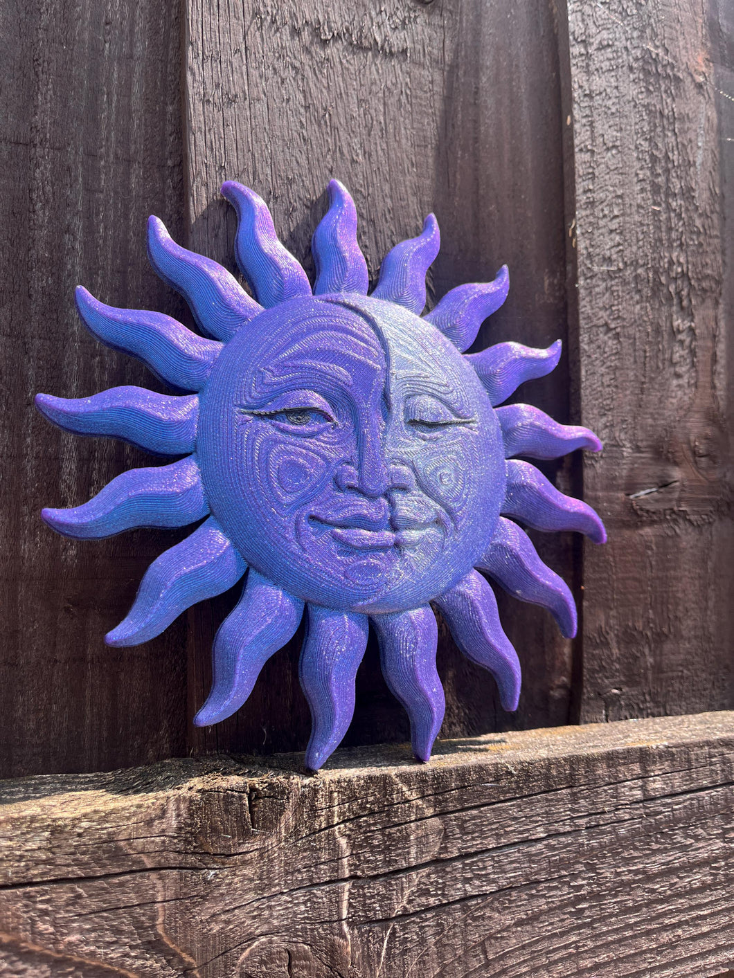 Chameleon colour shifting blue and purple 3D printed celestial sun and moon face hand painted details