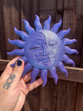 Load image into Gallery viewer, Chameleon colour shifting blue and purple 3D printed celestial sun and moon face hand painted details
