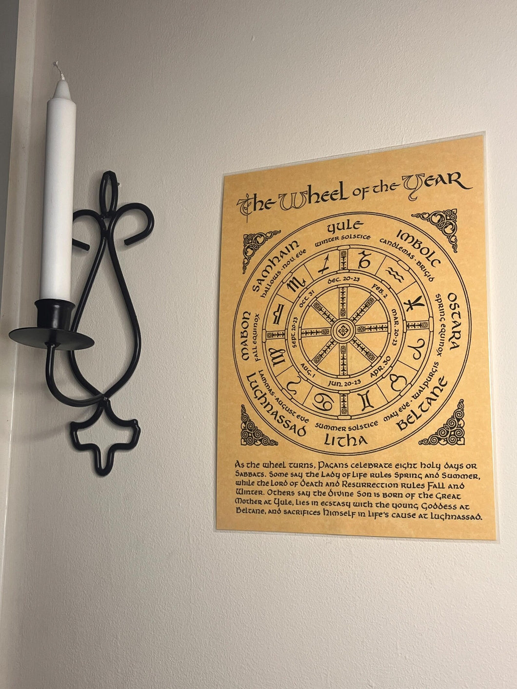 Laminated parchment paper style witchcraft wheel of the year poster print