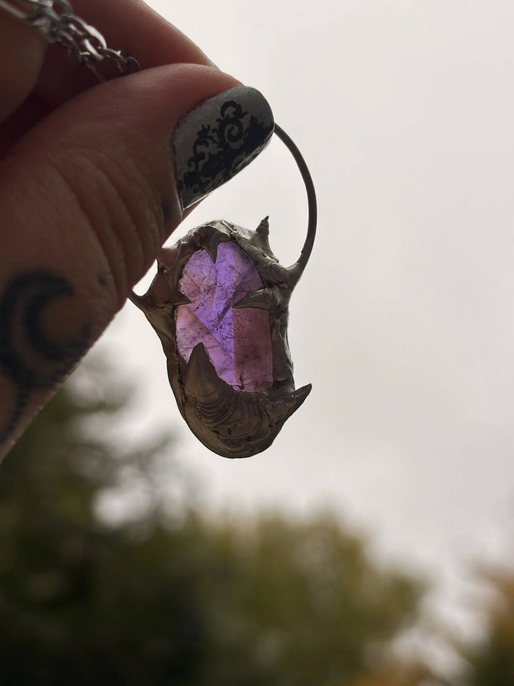 Spiked amethyst citrine pendant with stainless steel paperclip style chain
