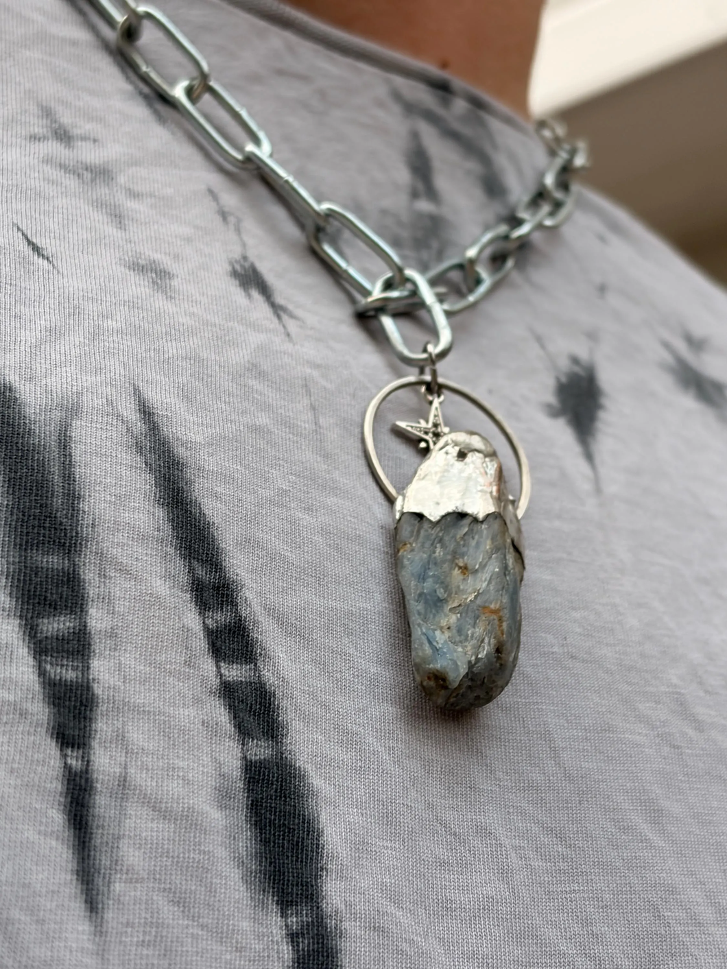 Raw blue kyanite pendant with stainless steel chunky chain