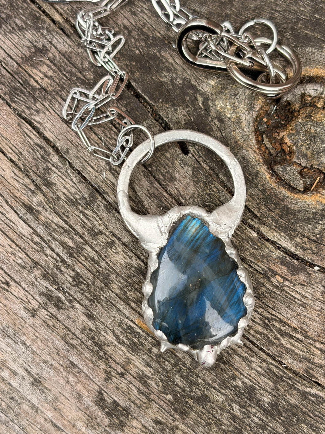Labradorite tear drop pendant with stainless steel paperclip style chain