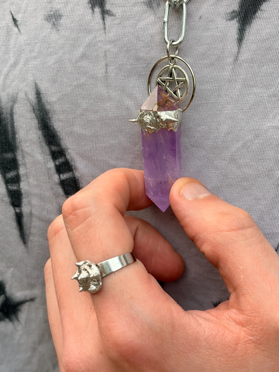 Spiked amethyst DT pentagram pendant with stainless steel chunky chain