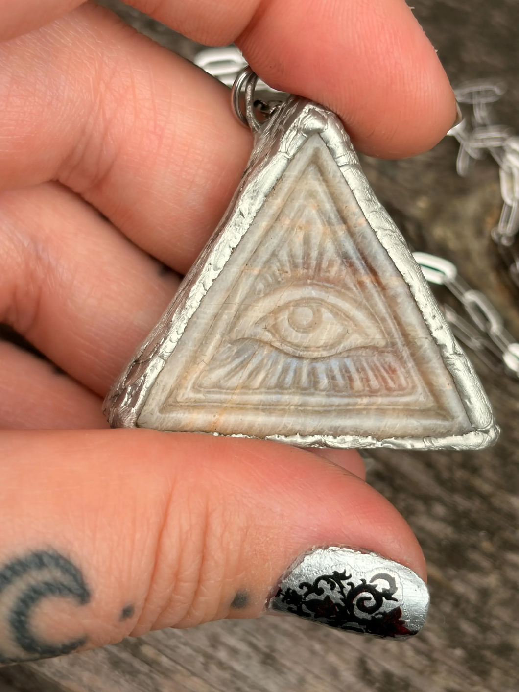 Moonstone all seeing eye pendant with stainless steel paperclip style chain
