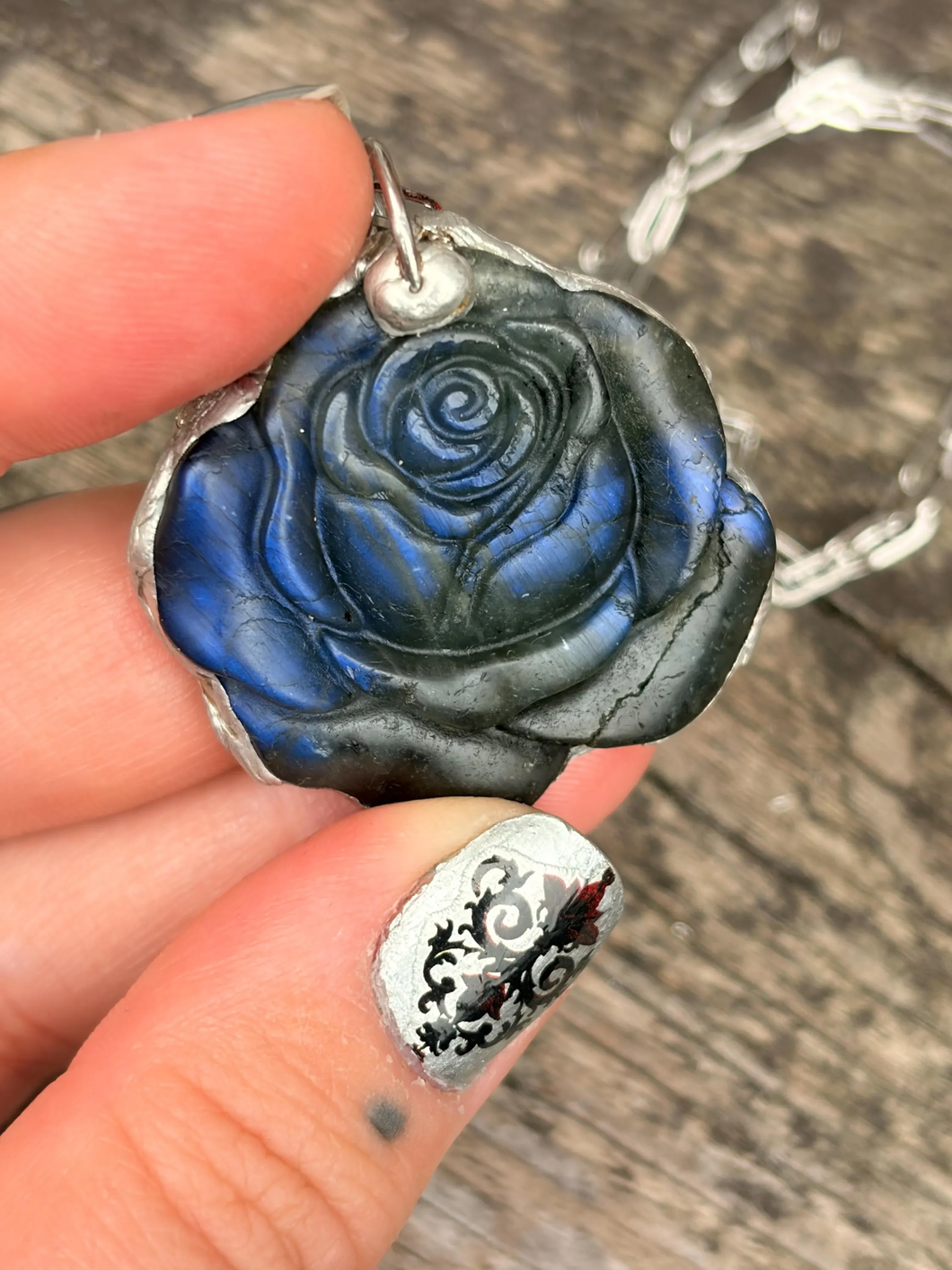 Labradorite rose pendant with stainless steel paperclip style chain